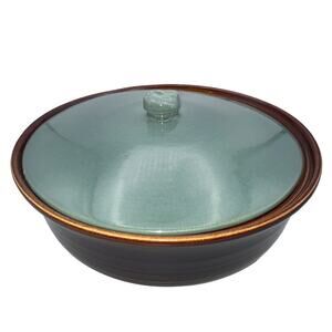 Vintage 1940s Red Wing Pottery OOMPH 10" Green/Brown Round Lidded Dish